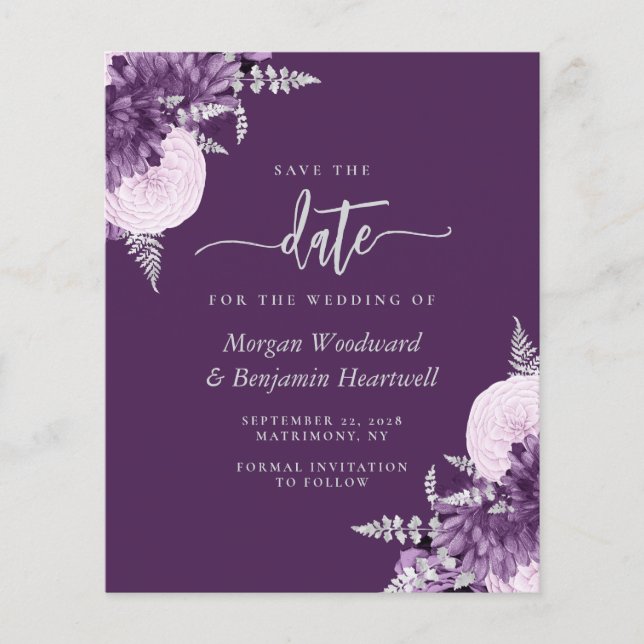 Budget Purple Lilac Silver Floral Save the Date (Vorderseite)