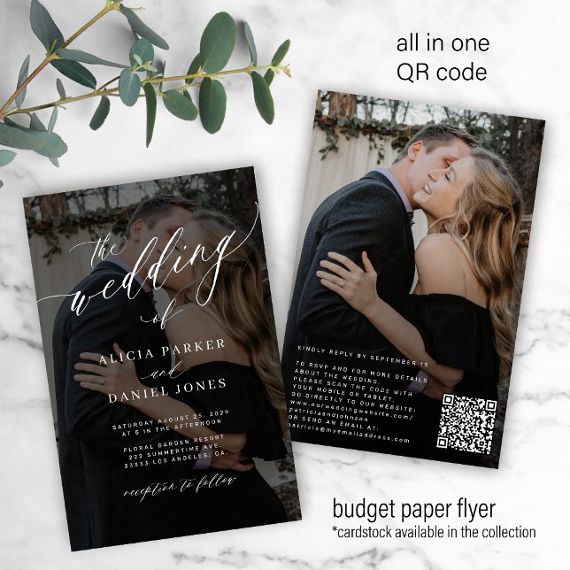 Budget QR CODE 2 Fotos Moderne Hochzeitseinladung Flyer (This is printed on a paper flyer. The design is also available on classic cards)