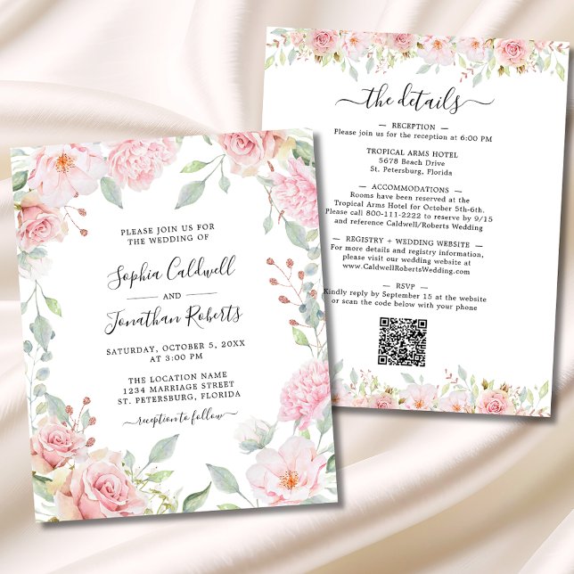 Budget QR Code Details Rosen Einladung (Budget All in One Elegant Pink Roses and Sage Greenery Wedding Invitation)