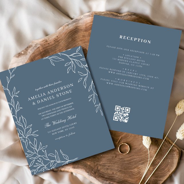 Budget QR Code Dusty Blue Leaf Hochzeit Einladung (Von Creator hochgeladen)