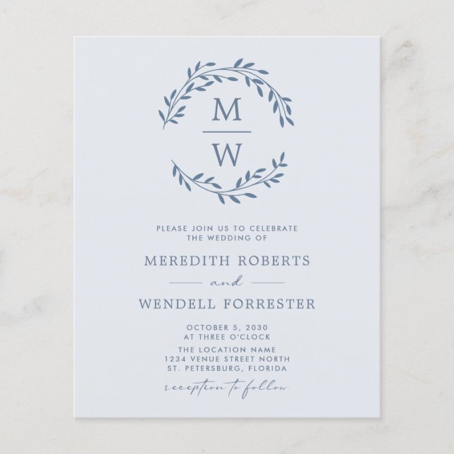 Budget QR Code Dusty Blue Monogram Wedding Flyer (Vorne)