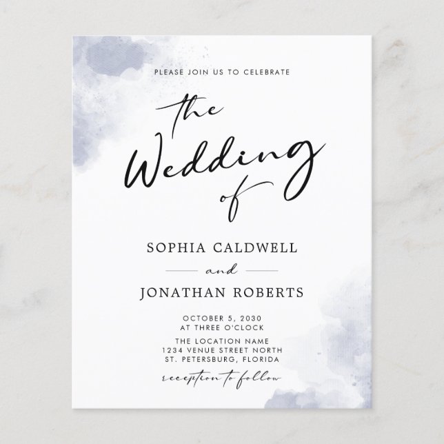 Budget QR Code Dusty Blue Watercolor Wedding Flyer (Vorne)