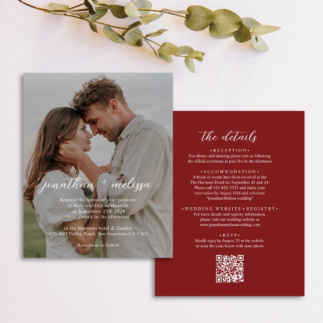 BUDGET QR-Code Elegant Cranberry-Rot Foto-Hochzeit (Von Creator hochgeladen)