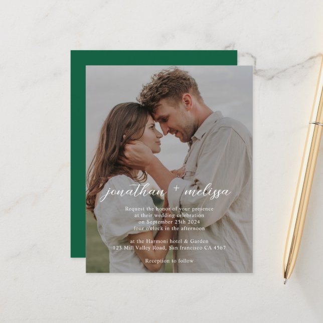BUDGET-QR-Code Elegant Smaragdgrün Foto-Hochzeit (Vorderseite/Rückseite Beispiel)