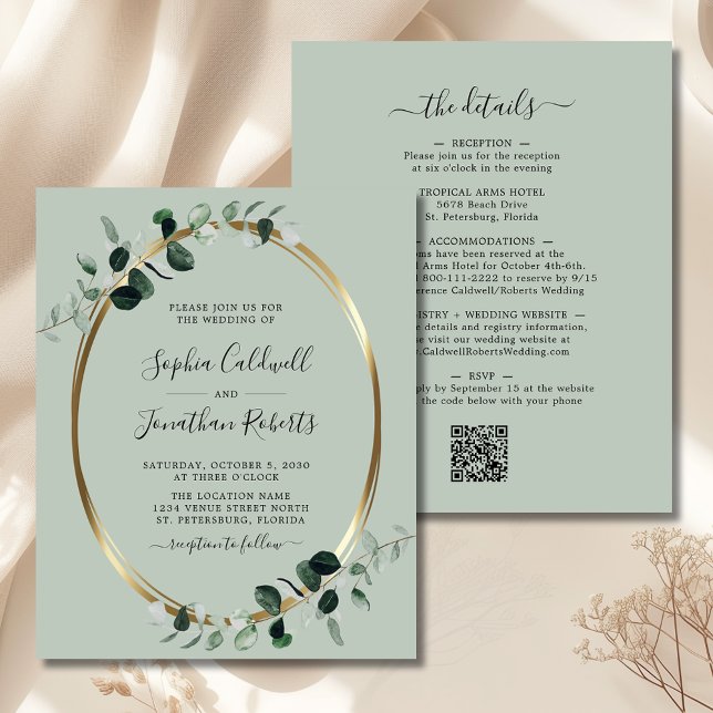 Budget QR Code Eukalyptus Sage Wedite Einladung (Budget Eucalyptus Gold Sage QR Code Double Sided All in One Wedding Invitation)