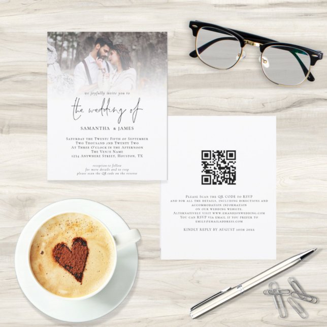 Budget QR Code Foto Skript Einladung Hochzeit (Front and back view. Smaller size budget price alternative.)