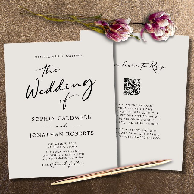 Budget QR Code Kalligrafie Eggshell Wedding Einlad (Wedding Invitation Budget QR Code RSVP Modern Calligraphy Eggshell)