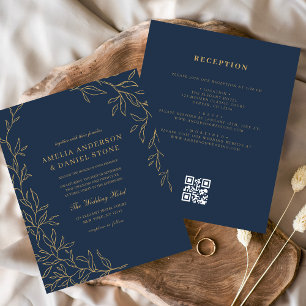 Budget QR Code Navy Blue Gold Hochzeit Einladung Flyer