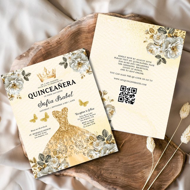 Budget QR Code Quinceanera Bloral Gold Princess Flyer (Von Creator hochgeladen)