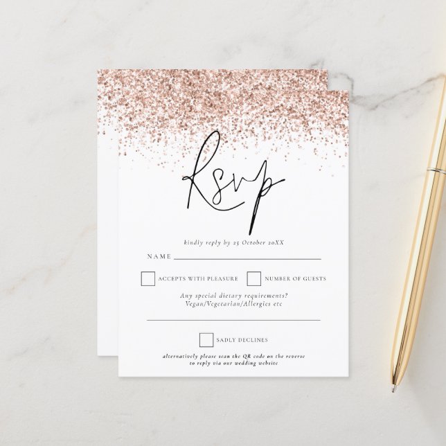 Budget QR Code Rose Gold Glitzer Wedding RSVP (Vorderseite/Rückseite Beispiel)