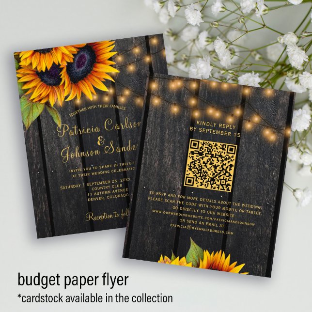 Budget QR-Code rustikale Sonnenblumen-Hochzeitsein Flyer (Von Creator hochgeladen)
