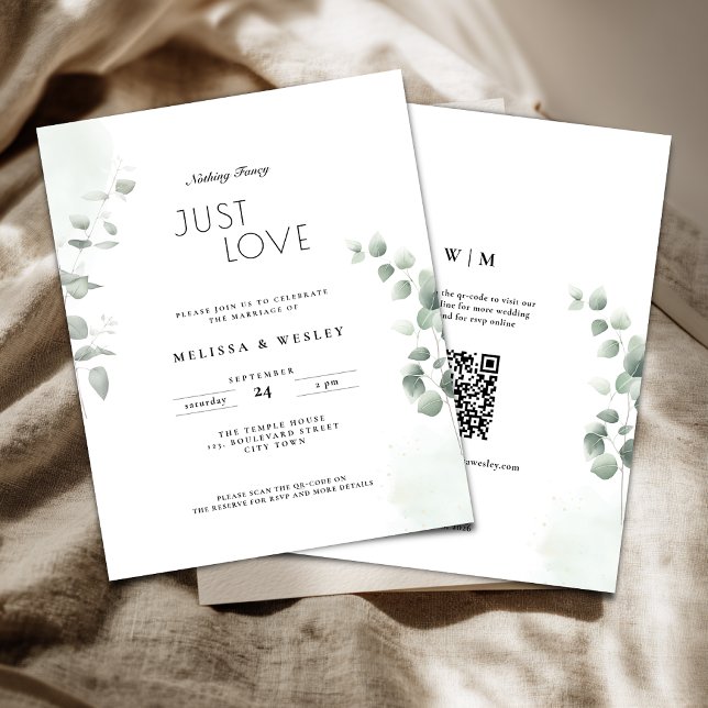 Budget-QR-Code-Trendy-Greenery-Hochzeits-Einladung (Nothing fancy just love wedding invitation with greenery eucalyptus details.)