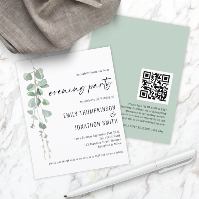 Budget QR Eucalyptus Wedding Abend Party Einladung (Front and back view)