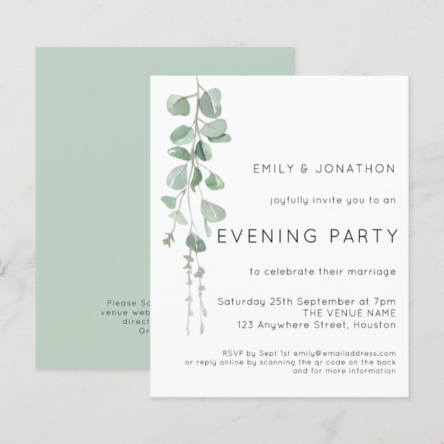 Budget QR Eucalyptus Wedding Abend Party Einladung (Vorne/Hinten)