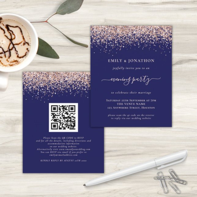 Budget QR Rose Gold Glitzer Navy Abend Hochzeit (Von Creator hochgeladen)