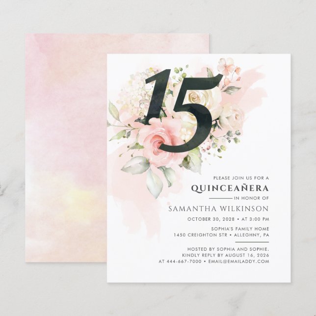 Budget Quinceanera 15. Geburtstagspartei Einladung (Vorne/Hinten)