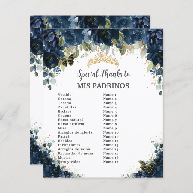 Budget Quinceañera 15 Navy Floral Padrinos Corte (Vorne/Hinten)