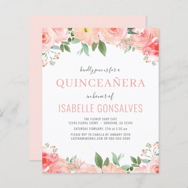 Budget QUINCEAÑERA Birthday Coral Peach Einladung (Vorne/Hinten)