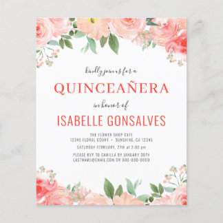 Budget QUINCEAÑERA Birthday Coral Peach Einladung Flyer