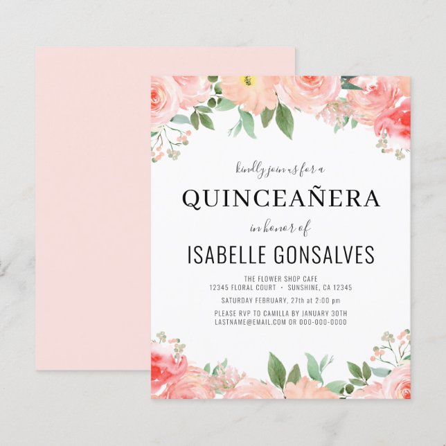 Budget QUINCEAÑERA Birthday Peach Coral Einladung (Vorne/Hinten)