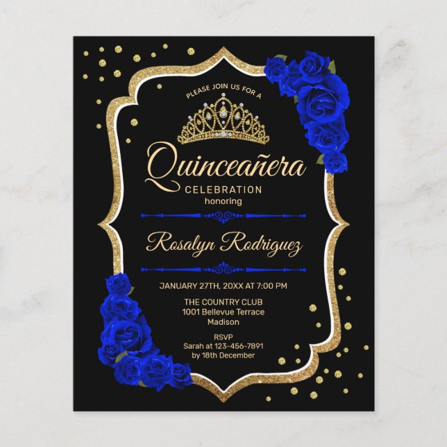 Budget Quinceanera - Black Gold Royal Blue Einladu Flyer (Vorne)