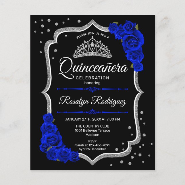 Budget Quinceanera Black Silver Royal Blue Einladu Flyer (Vorne)