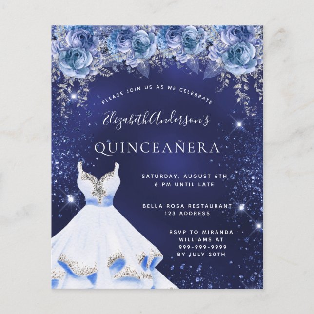 Budget Quinceanera blauer Glitzer Kleid Blumen (Vorderseite)
