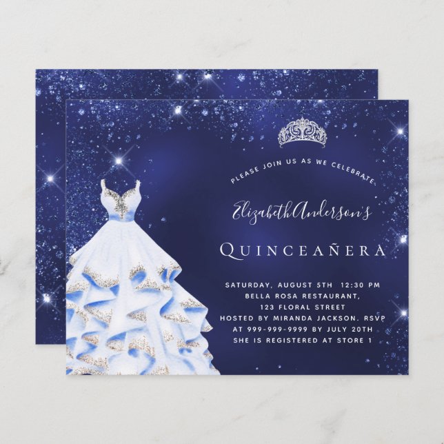 Budget Quinceanera Blue silber tiara Einladung (Vorne/Hinten)
