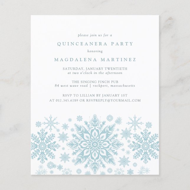BUDGET Quinceanera Blue Snowflake Einladung (Vorderseite)
