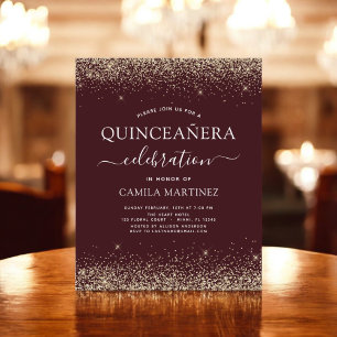 Budget Quinceanera Burgunder Goldene Einladung Flyer