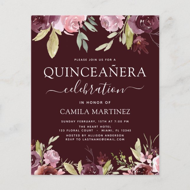Budget Quinceanera Burgundy Pink Blumenladen Flyer (Vorne)