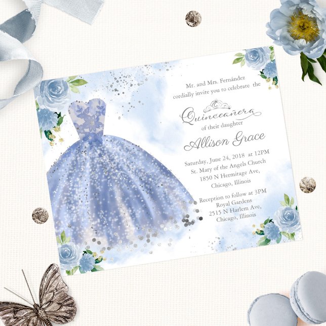 Budget Quinceanera Einladung Bilingual Blue Gown (Von Creator hochgeladen)