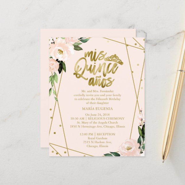 Budget Quinceanera Einladung Gold Foil Blush Pink (Vorderseite/Rückseite Beispiel)