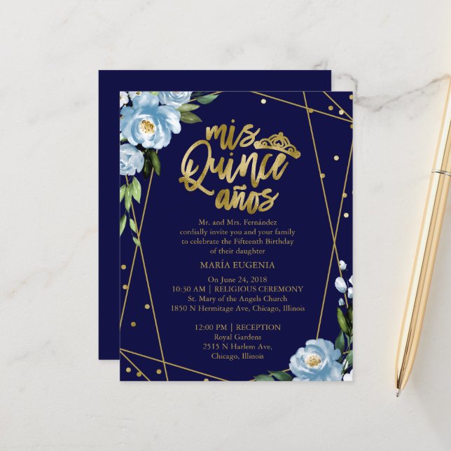 Budget Quinceanera Einladung Gold Foil Dunkelblau (Vorderseite/Rückseite Beispiel)