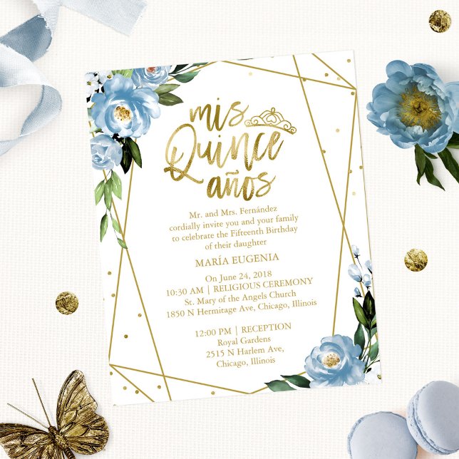Budget Quinceanera Einladung Gold Foil Dusty Blue (Von Creator hochgeladen)
