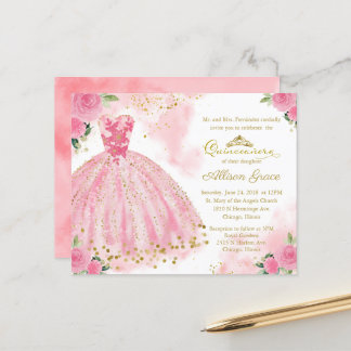 Budget Quinceanera Einladung Gold Hot Pink Gown