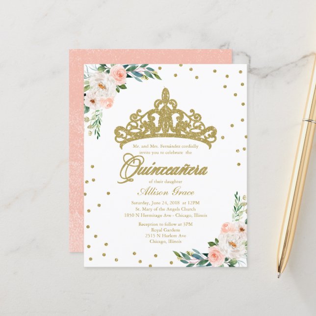Budget Quinceanera Einladung Gold Tiara (Vorderseite/Rückseite Beispiel)