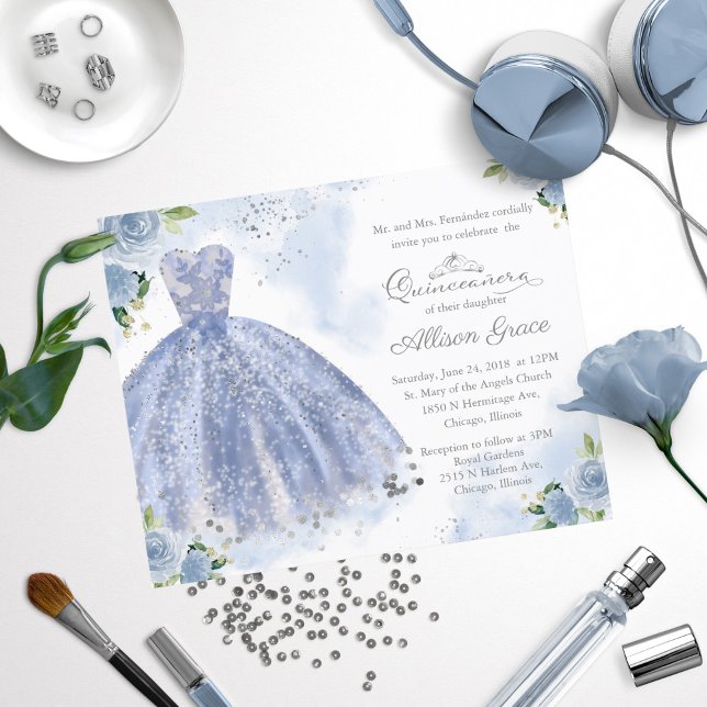 Budget Quinceanera Einladung Silver Blue Gown (Von Creator hochgeladen)