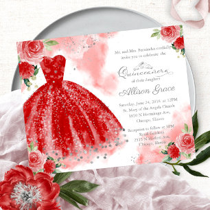Budget Quinceanera Einladung Silver Red Gown
