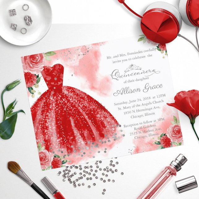 Budget Quinceanera Einladung Silver Red Gown (Von Creator hochgeladen)
