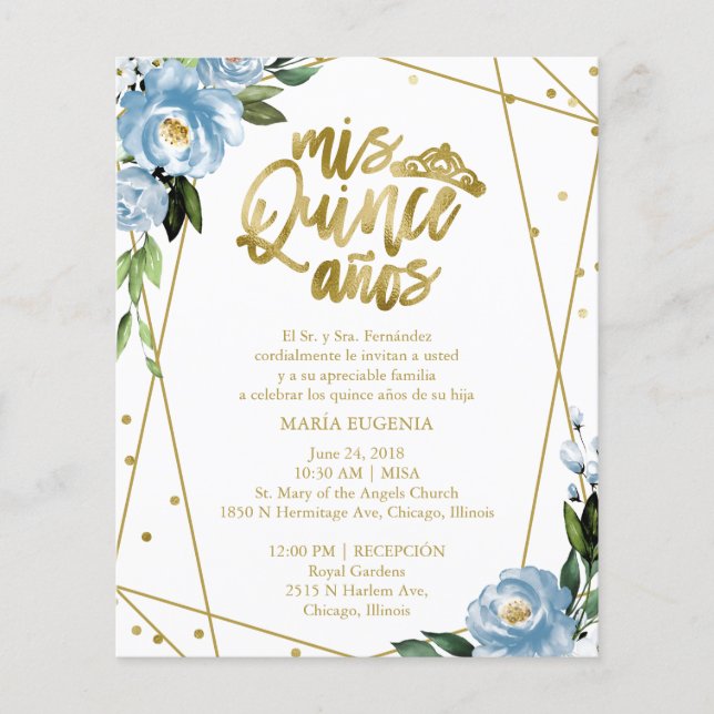 Budget Quinceanera Einladung Spanisch Blauer Flora (Vorderseite)