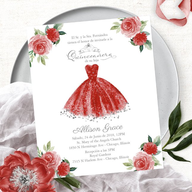 Budget Quinceanera Einladung Spanisch Rotes Gown (Von Creator hochgeladen)
