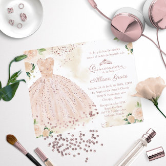 Budget Quinceanera Einladung Spanische Rose Gold