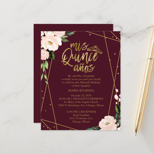 Budget Quinceanera Einladungen Gold Blush Burgund (Vorderseite/Rückseite Beispiel)