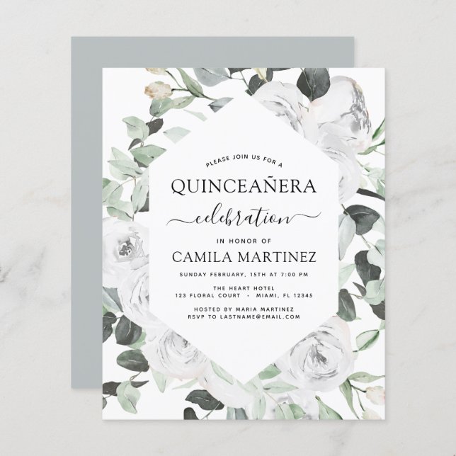 Budget Quinceañera Eukalyptus Floral White Roses (Vorne/Hinten)