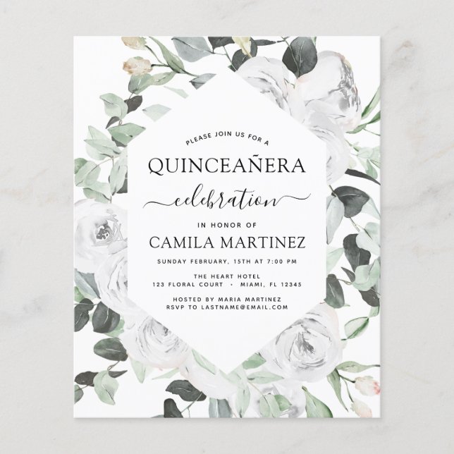 Budget Quinceañera Eukalyptus Floral White Roses Flyer (Vorne)
