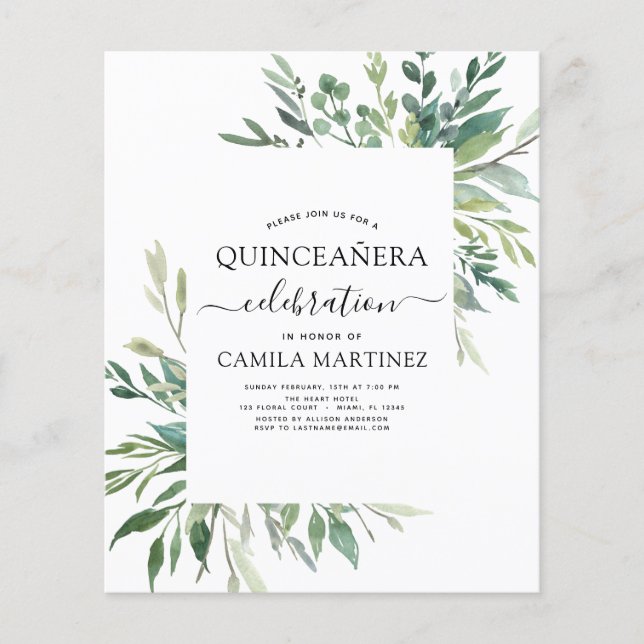 Budget Quinceanera Frühjahr botanische Grünpflanze Flyer (Vorne)