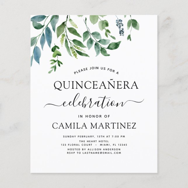 Budget Quinceanera Frühjahr botanische Grünpflanze Flyer (Vorne)