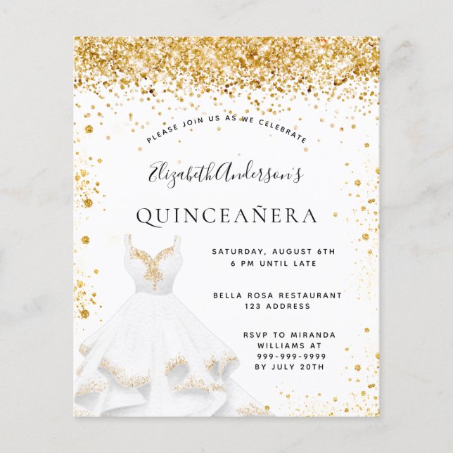 Budget Quinceanera Gold Einladung (Vorderseite)