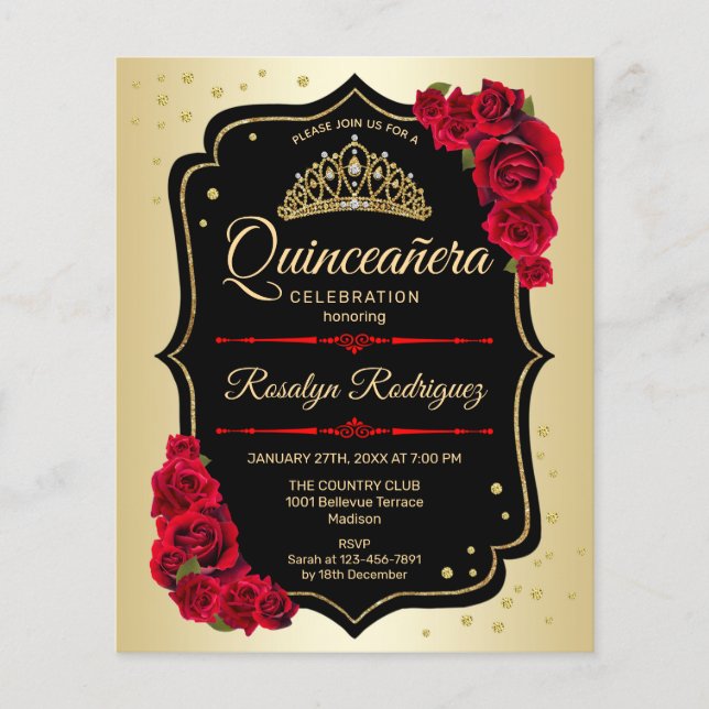 Budget Quinceanera - Goldene Schwarze Einladung Flyer (Vorne)